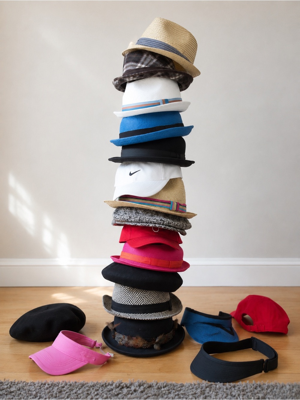 Fedoras, visors, baseball hats.